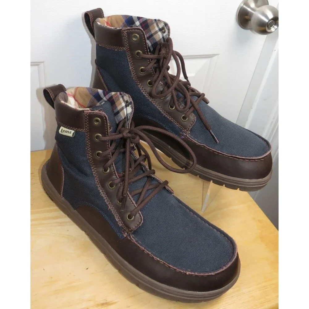 Lems Men's Boulder Boots in Navy/Dr. Brown Plaid Lining Size EU 47/US 13